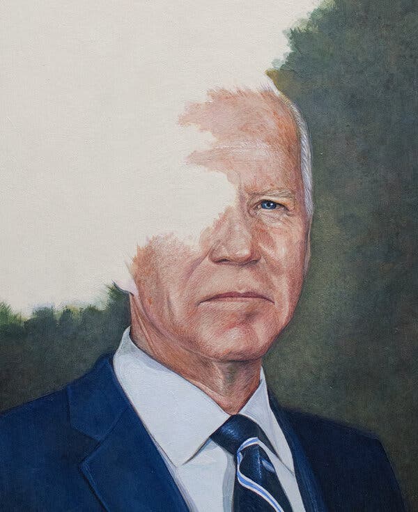 A painting of Joe Biden with part of his face obscured by a blank spot.