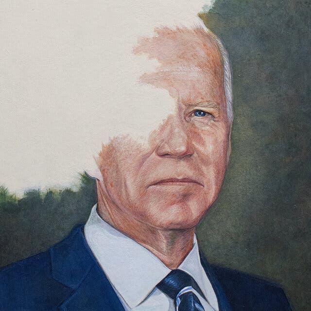 A painting of Joe Biden with part of his face obscured by a blank spot.