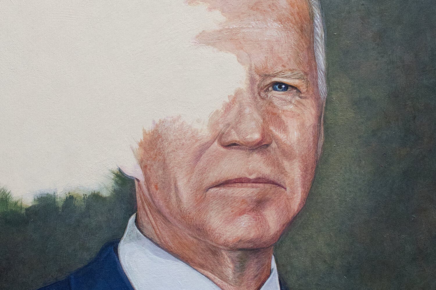 A painting of Joe Biden with part of his face obscured by a blank spot.