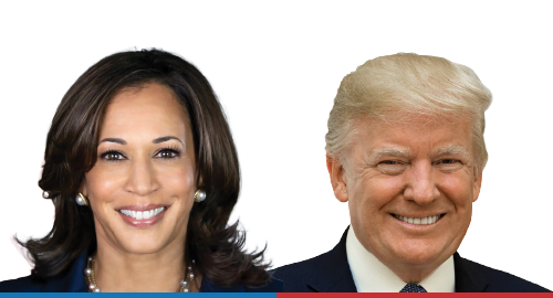 official headshots of Kamala Harris and Donald Trump, smiling, positioned next to each other with a blue line under Harris and a red line under Trump