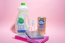 An array of cleaning products for cleaning an oven.