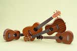 Four ukuleles piled over each other in different direction.