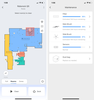 Screenshots from the Roborock Q5 app.