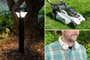 Three photos, clockwise: an outdoor pathlight in a lawn, a lawn mower, and a person wearing a portable neck fan.