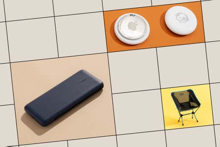 An illustrated grid showing photos of a Belkin BoostCharge Plus, an Apple AirTag and a Helinox Chair One.